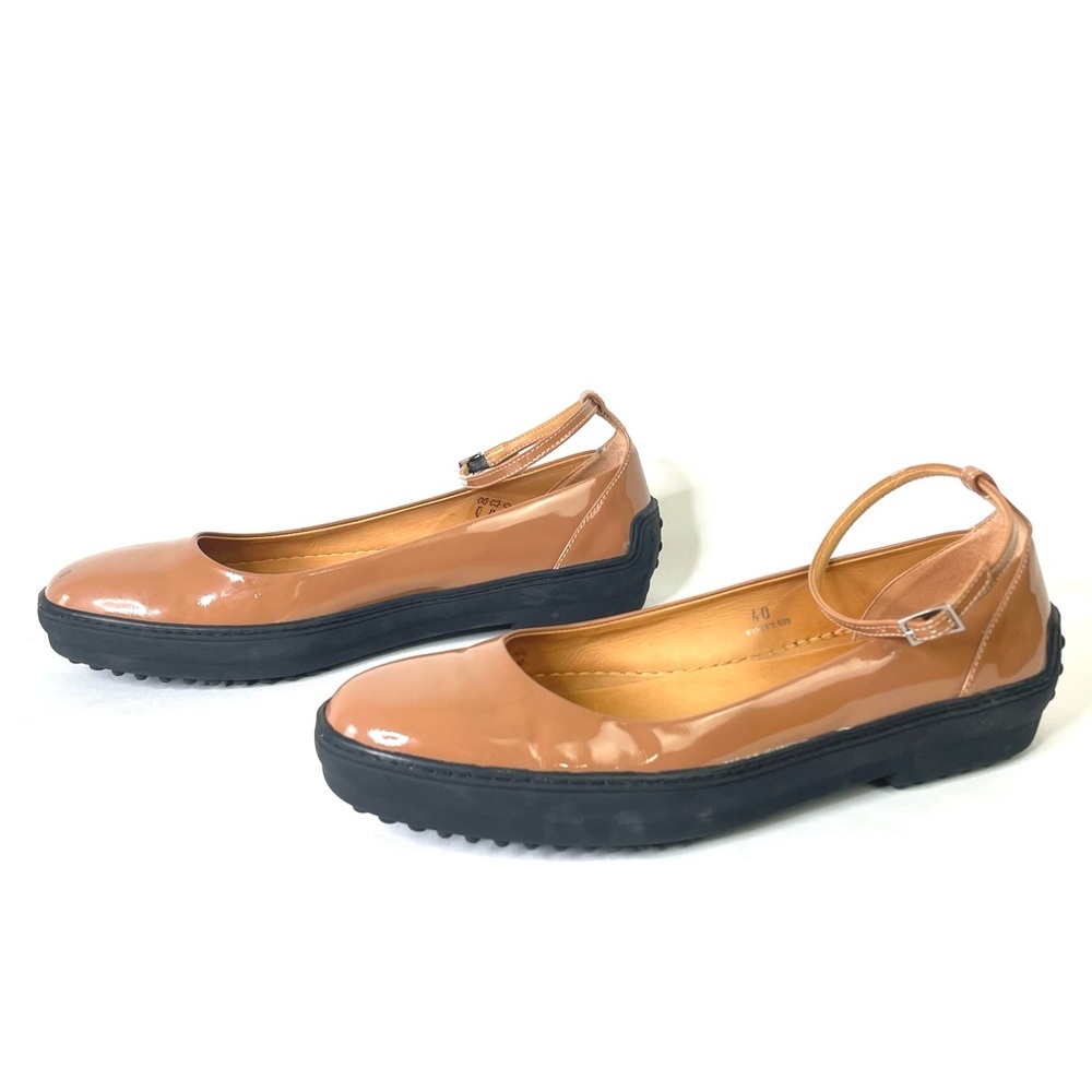 Tod's Brown Tan Patent Leather Round Toe Platform Ballet Flats Ankle Strap Sz 40